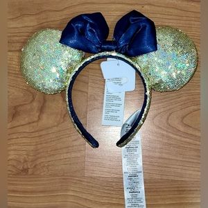 Disney Parks WDW 50th Anniversary Gold Sequin Blue Bow Ears Headband EARidescent